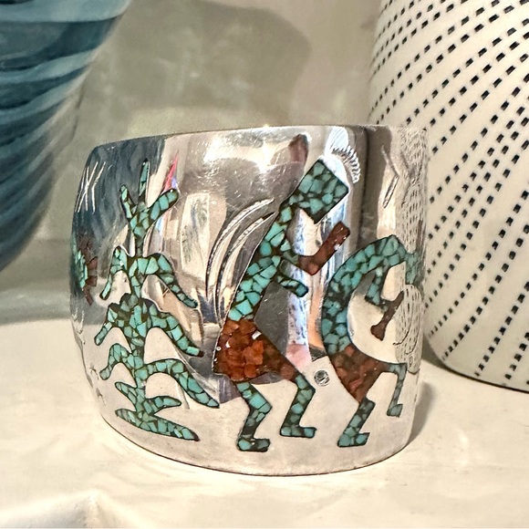 HMIJ Sterling Silver Native American Navajo Bracelet Turquoise,Coral Handcrafted - Picture 6 of 10